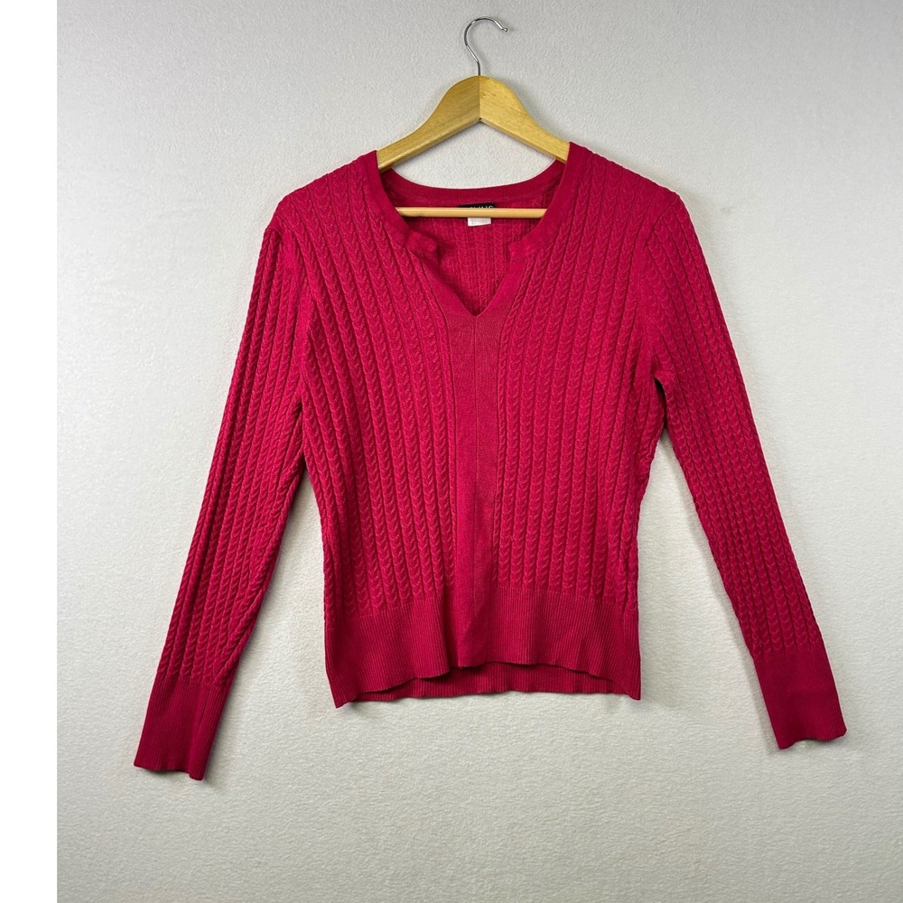 VENUS V Neck Cable Knit Sweater Pink Long‎ Sleeve Women's L